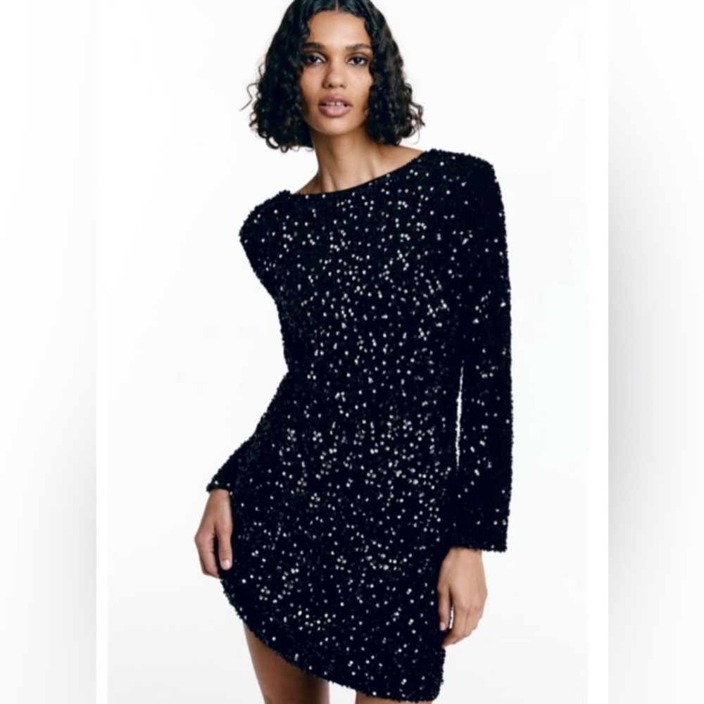 H&M Divided Black Velvet Sequin Long Sleeve Bodycon Mini Dress, Size 6